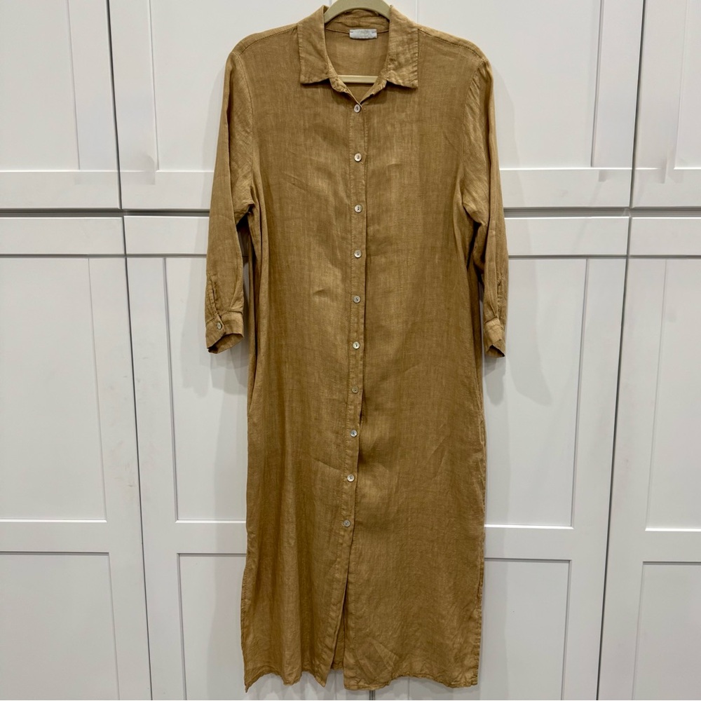 Scandal 100% Linen button down midi dress with split seams M/L Made in Italy